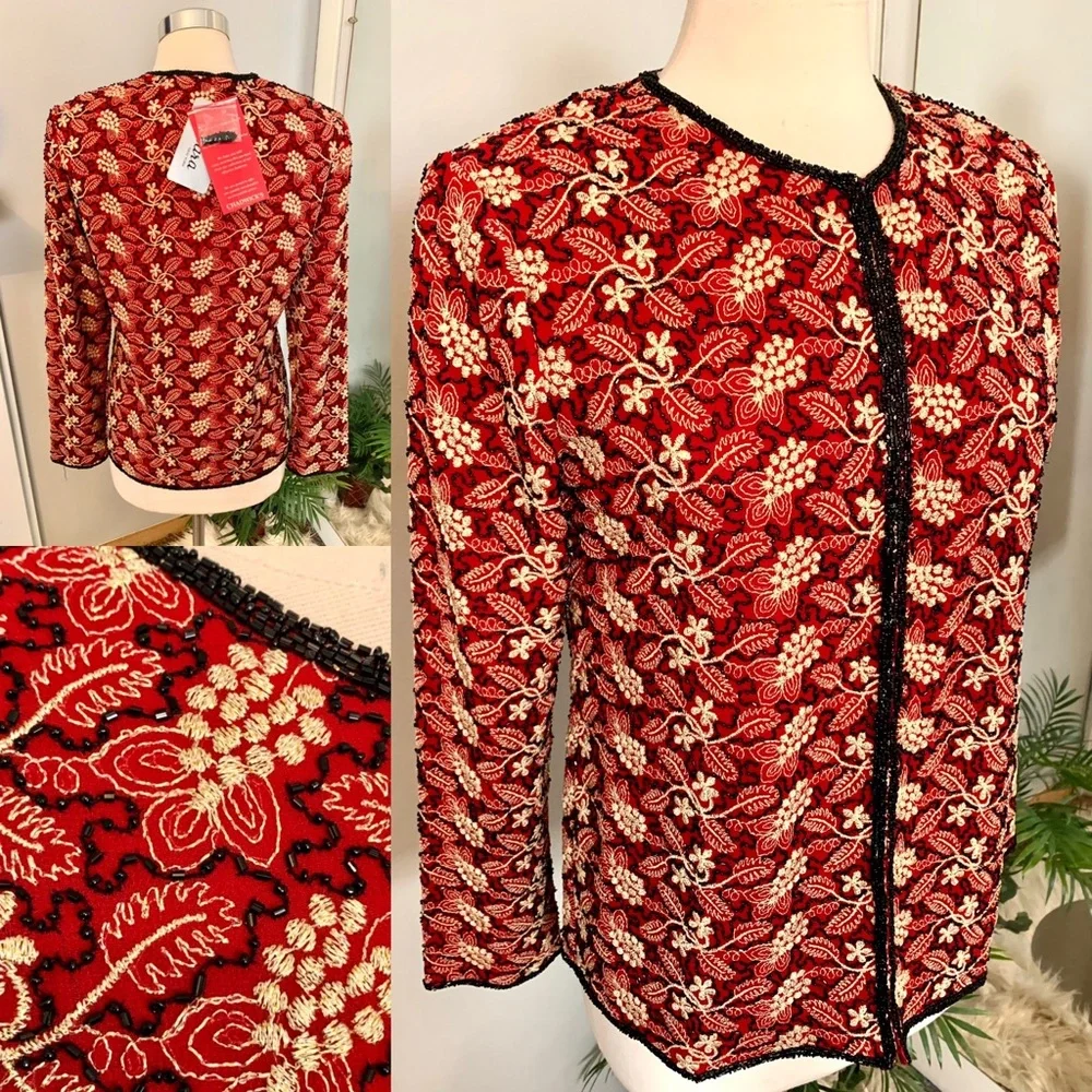 Beaded Jacket NWT S J Kara Chadwick’s Red Black Gold Embroidered Christmas